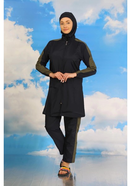 Kadın Pantolonlu Kolu Şeritli Tam Tesettür Mayo Lacivert fırsatları