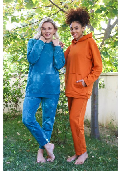 Kadın Pamuk Kapşonlu Cepli 3 Iplik Turkuaz Eşofman Takım modelleri