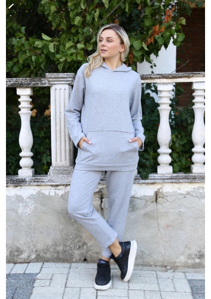 Kadın Pamuk Kapşonlu Cepli 3 Iplik Gri Eşofman Takım