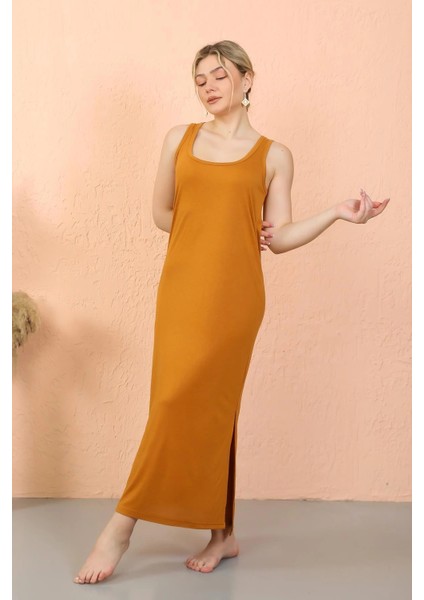 Kadın Kalın Askılı Yırtmaçlı Uzun Hardal Gecelik fiyatları