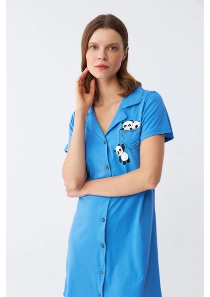 Kadın Pamuk Penye Kısa Kol Düğmeli Mavi Tunik Gecelik modelleri