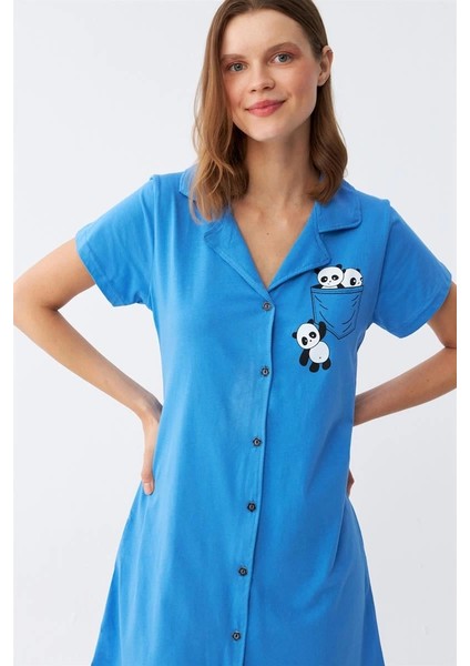 Kadın Pamuk Penye Kısa Kol Düğmeli Mavi Tunik Gecelik fırsatları