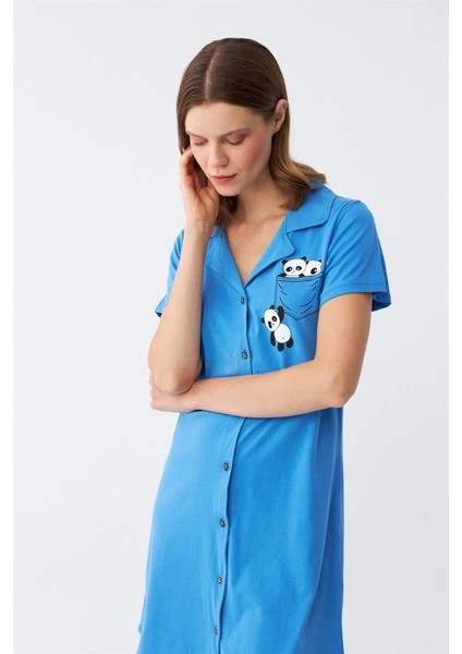 Kadın Pamuk Penye Kısa Kol Düğmeli Mavi Tunik Gecelik indirimleri