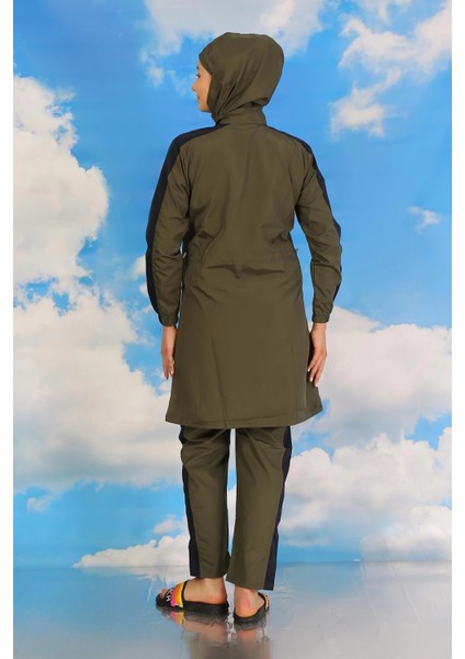 Kadın Pantolonlu Kolu Şeritli Tam Tesettür Mayo Haki indirimleri