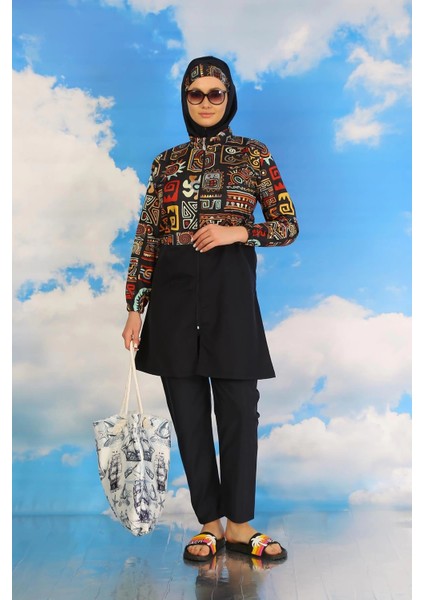 Kadın Pantolonlu Desenli Tam Tesettür Mayo Lacivert modelleri