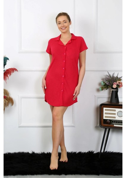 Kadın Pamuk Dokuma Kısa Kol Düğmeli Kırmızı Tunik Gecelik fiyatları