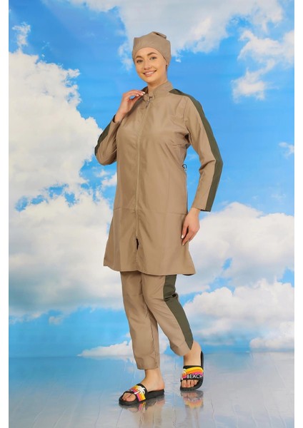 Kadın Pantolonlu Kolu Şeritli Tam Tesettür Mayo Bej modelleri