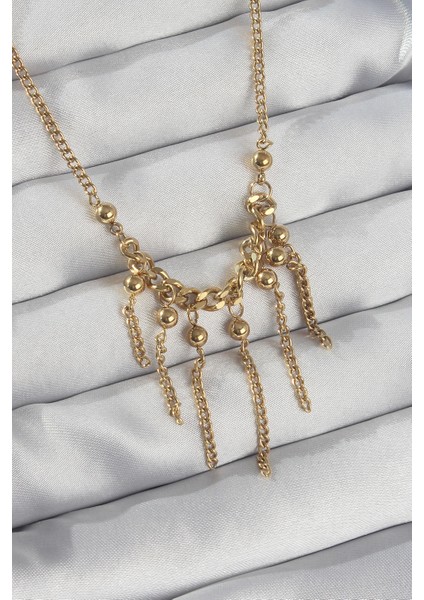 316L Çelik Zincir Gold Renk Topçuk Detay Sallantılı Zincir Kolye