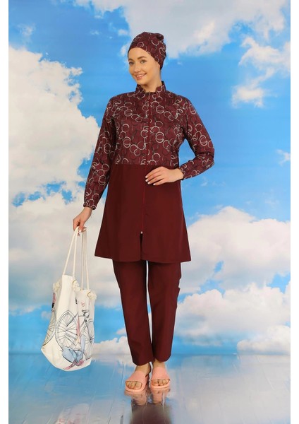 Kadın Pantolonlu Desenli Tam Tesettür Mayo Bordo fiyatları