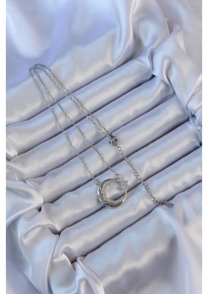 316L Çelik Zincir Gümüş Renk Zirkon Taşlı Motifli Ay Yıldız Kolye fiyatları