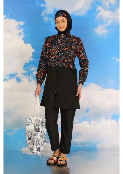 Kadın Pantolonlu Desenli Tam Tesettür Mayo Siyah