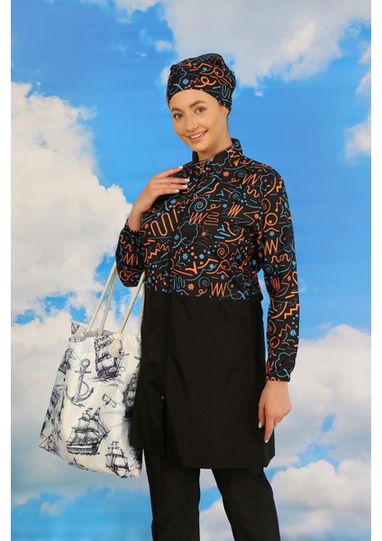 Kadın Pantolonlu Desenli Tam Tesettür Mayo Siyah modelleri