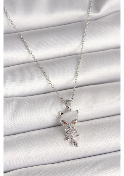 316L Çelik Gümüş Renk Zincir Zirkon Taşlı Kedi Model Kadın Kolye