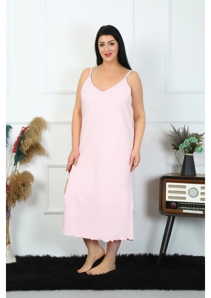 Kadın Büyük Beden Ip Askılı Pamuklu Pembe Uzun Gecelik