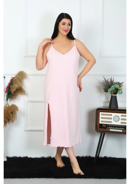 Kadın Büyük Beden Ip Askılı Pamuklu Pembe Uzun Gecelik fiyatları