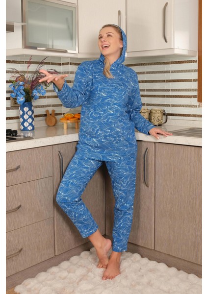 Kadın Pamuk Kapşonlu Cepli 3 Iplik Saks Eşofman Takım fırsatları