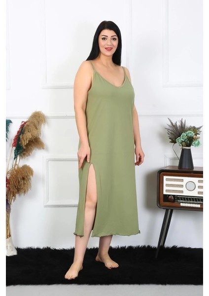 Kadın Büyük Beden Ip Askılı Pamuklu Haki Uzun Gecelik