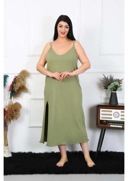 Kadın Büyük Beden Ip Askılı Pamuklu Haki Uzun Gecelik fiyatları