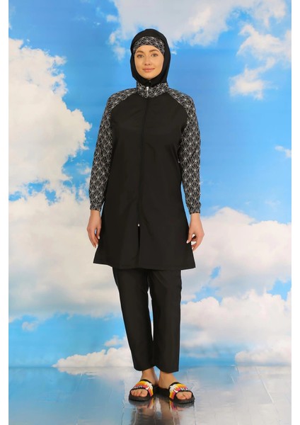 Kadın Pantolonlu Desenli Tam Tesettür Mayo Siyah modelleri