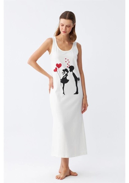 Kadın Kalın Askılı Penye Uzun Ekru Gecelik fiyatları