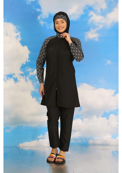 Kadın Pantolonlu Desenli Tam Tesettür Mayo Siyah indirimleri