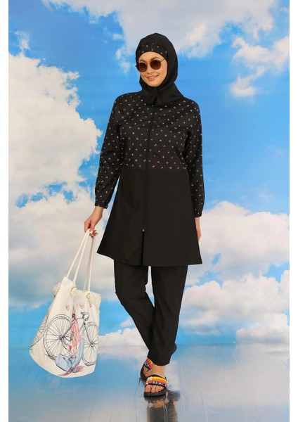 Kadın Pantolonlu Desenli Tam Tesettür Mayo Siyah modelleri