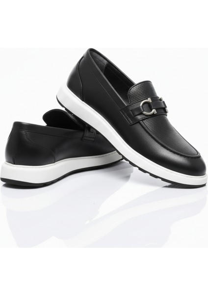 GR0434 Hakiki Deri Beyaz Eva Taban Tokalı Spor Klasik Siyah Erkek Loafer Günlük Ayakkabı