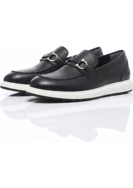 GR0434 Hakiki Deri Beyaz Eva Taban Tokalı Spor Klasik Siyah Erkek Loafer Günlük Ayakkabı