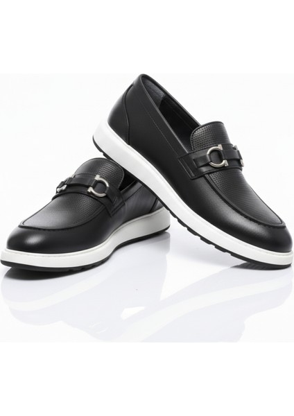GR0434 Hakiki Deri Beyaz Eva Taban Tokalı Spor Klasik Siyah Erkek Loafer Günlük Ayakkabı