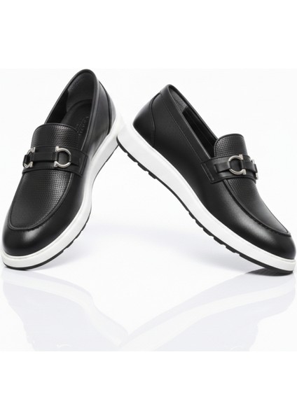GR0434 Hakiki Deri Beyaz Eva Taban Tokalı Spor Klasik Siyah Erkek Loafer Günlük Ayakkabı