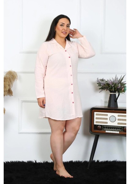 Kadın Büyük Beden Pamuk Dokuma Düğmeli Uzun Kol Pembe Tunik Gecelik fiyatları