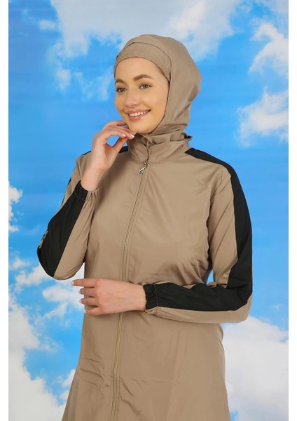 Kadın Pantolonlu Kolu Şeritli Tam Tesettür Mayo Bej fırsatları