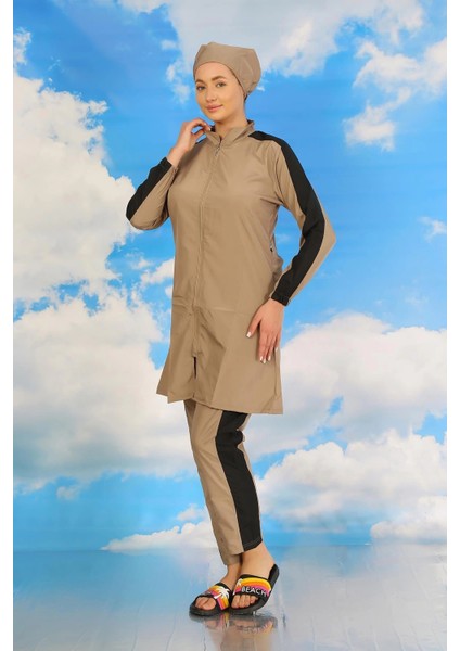 Kadın Pantolonlu Kolu Şeritli Tam Tesettür Mayo Bej indirimleri