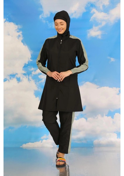 Kadın Pantolonlu Kolu Şeritli Tam Tesettür Mayo Siyah indirimleri