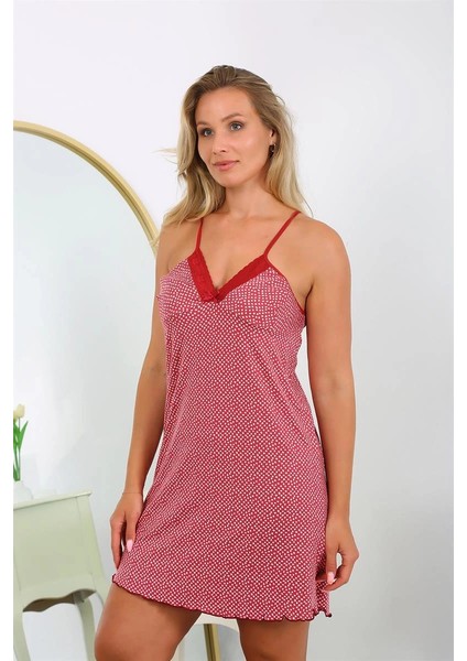 Kadın Pamuk Büyük Beden Ip Askılı Desenli Gecelik Bordo