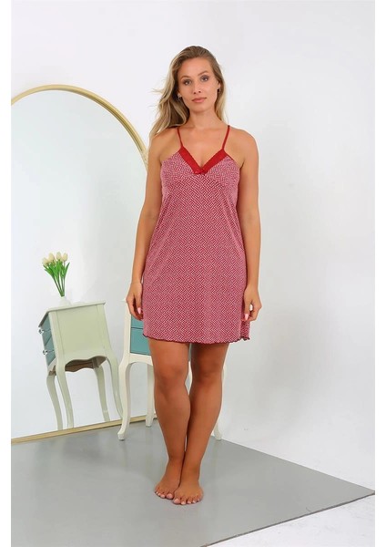 Kadın Pamuk Büyük Beden Ip Askılı Desenli Gecelik Bordo fırsatları