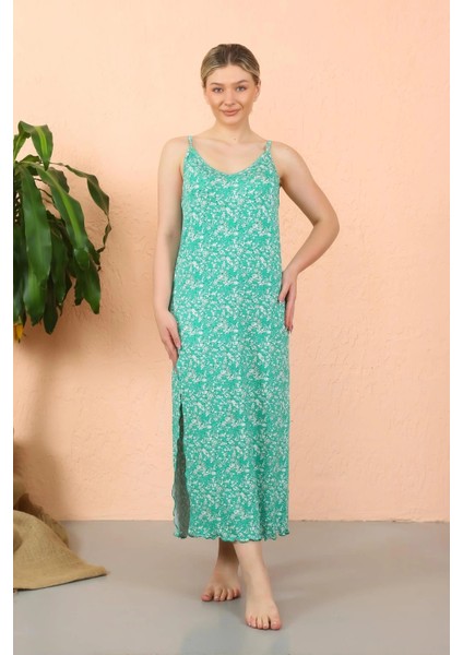 Kadın Ip Askılı Yırtmaçlı Uzun Yeşil Gecelik