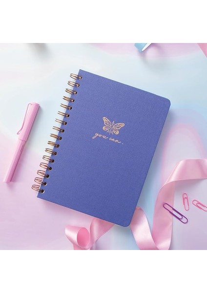A5 Spiralli Sert Kapak Keten Kareli Tarihsiz Not Defteri Lila