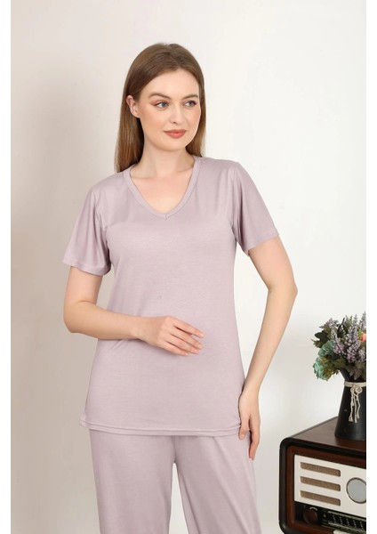 Kadın Kısa Kol Pamuk Penye Pijama Takım Pudra