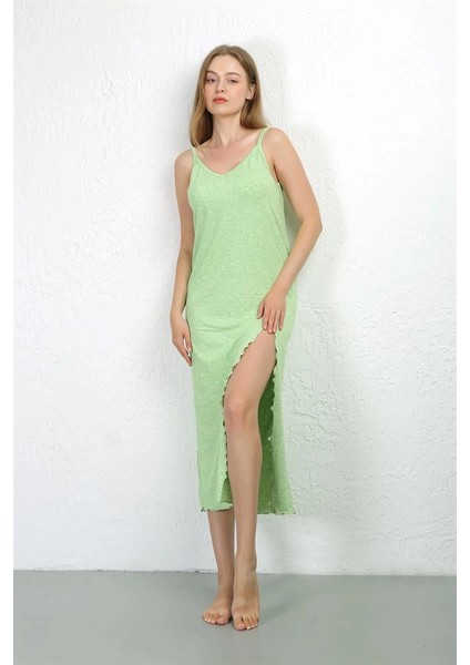 Ip Askılı Uzun Yırtmaçlı Penye Gecelik Fıstık Yeşili fiyatları