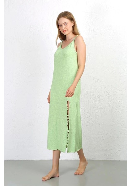 Ip Askılı Uzun Yırtmaçlı Penye Gecelik Fıstık Yeşili indirimleri