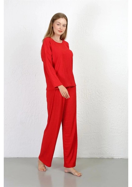 Kadın Bürümcük Kumaş Pijama Takım Kırmızı modelleri