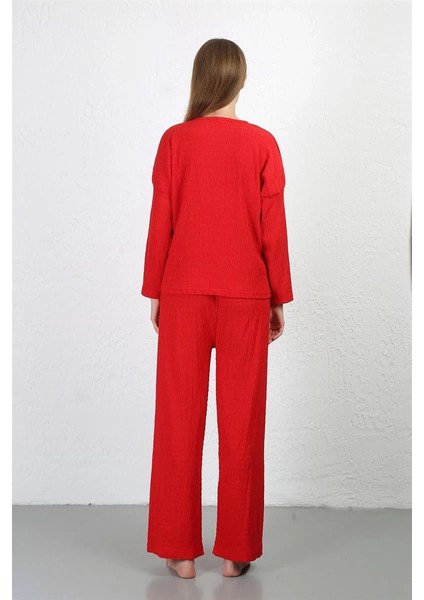 Kadın Bürümcük Kumaş Pijama Takım Kırmızı fırsatları
