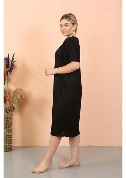 Kadın Kısa Kol Diz Altı Over Size Siyah Ev Elbisesi - Geceliği modelleri