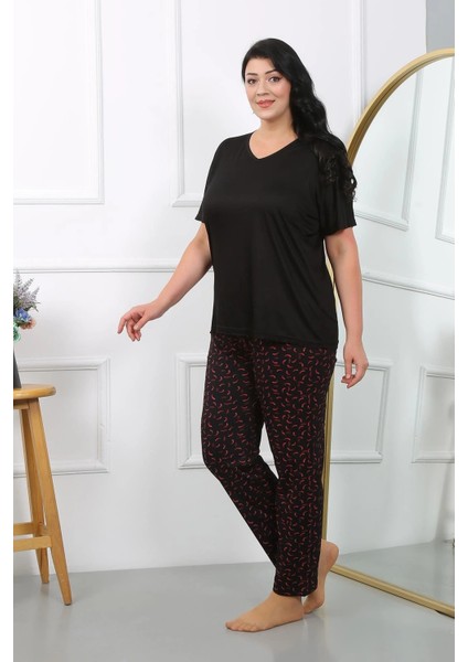 Kadın Büyük Beden Kısa Kol Penye Pijama Takımı Siyah