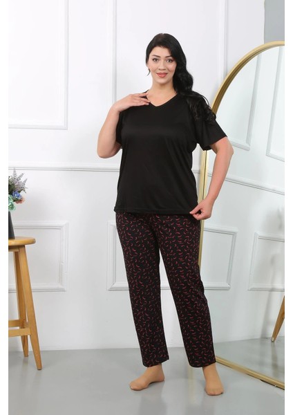 Kadın Büyük Beden Kısa Kol Penye Pijama Takımı Siyah indirimleri