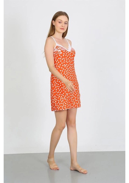 Kadın Penye Ip Askılı Beyaz Puantiyeli Gecelik Turuncu fiyatları