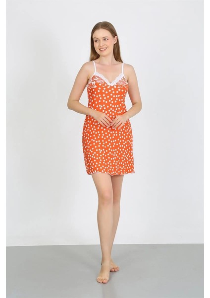 Kadın Penye Ip Askılı Beyaz Puantiyeli Gecelik Turuncu fırsatları