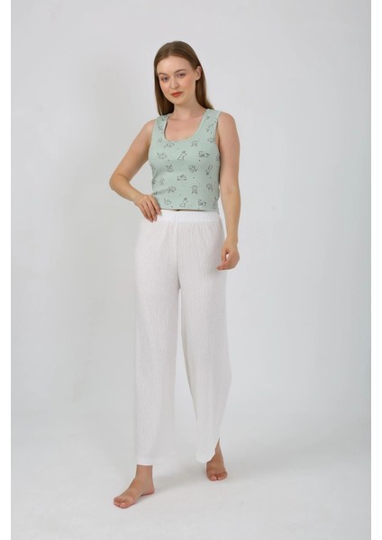 Kadın Kalın Askılı Body Bol Paça Pantolon 2`li Takım Beyaz