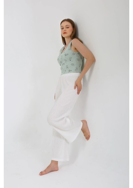 Kadın Kalın Askılı Body Bol Paça Pantolon 2`li Takım Beyaz fiyatları